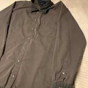 Tommy Hilfiger XL Button Down Shirt in Brown / Olive Green, Cotton Long Sleeve